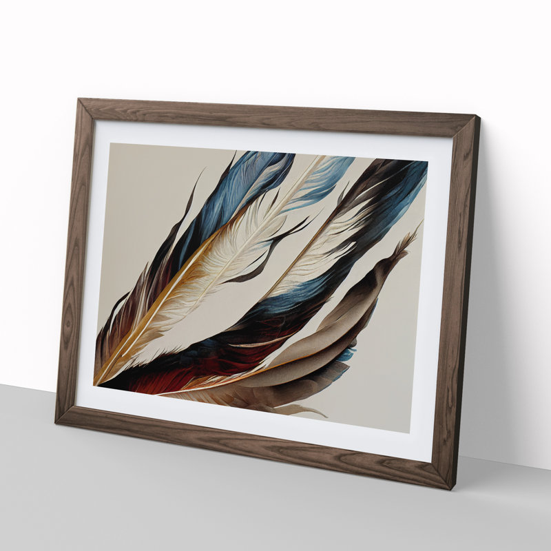 Beauteous Bird Feathers - Single Picture Frame Print, Walnut, 46cm H x 64cm W x 2cm D