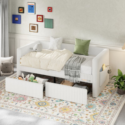 Lit de jour rembourré avec côtés gardés, base de lit plateforme avec support à lattes et veilleuse intégrée