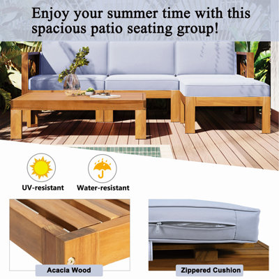 Ensemble de conversation modulaire 5 pièces avec coussins, fini naturel et coussins bleus