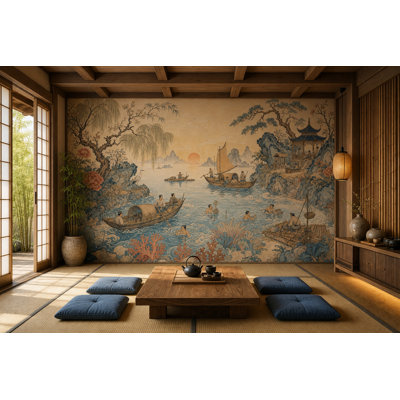 Papier peint paysage est asiatique, paysage de pêche côtière, eau bleue, décoration murale amovible