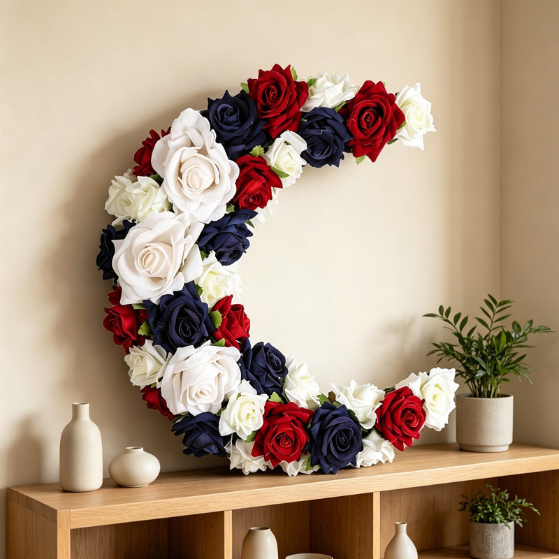 Couronne patriotique en forme de croissant lunaire rouge, bleu et rose artificielle pour le 4 juillet, décoration murale