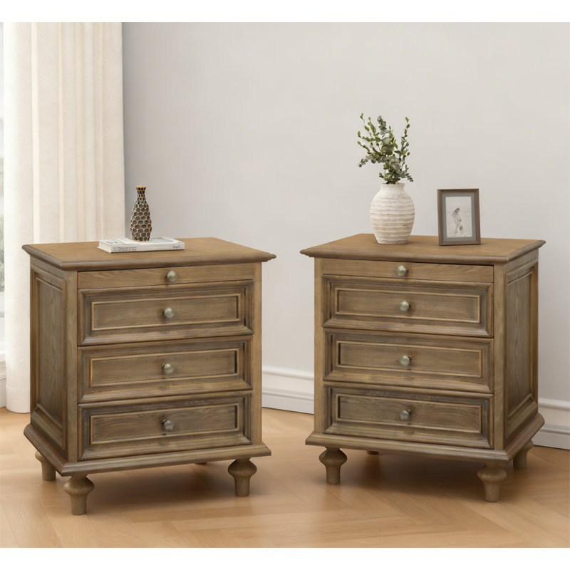 Farmhouse Nightstands with 4 Drawer, Set of 2, Light Brown