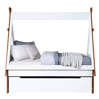 Oak and White Twin Tent-Shaped Wooden Bed, Teepee Style Frame for Kids Bedroom