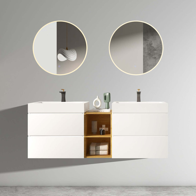 Meuble-lavabo mural moderne avec lavabos doubles et tablette ouverte