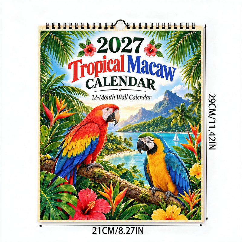 Calendrier suspendu 2027 avec oiseaux tropicaux