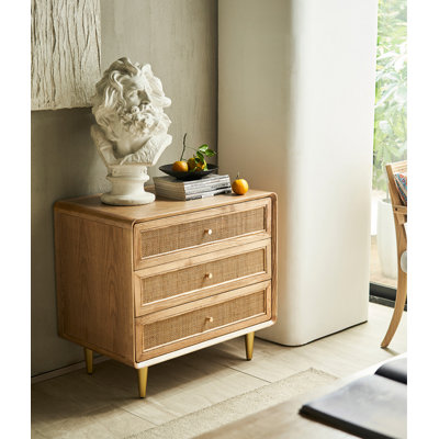 Solid Wood Ash Three-Bucket Cabinet Rattan Storage Bedside Table