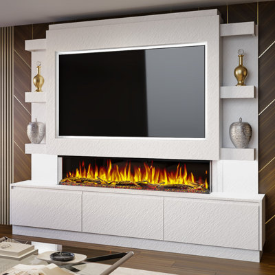 Evolution Fires Pre-Built Media Wall Package 22, finished in textured Venetian Plaster, includes Spectrum Series 60 Series 3-Sided Electric Fireplace