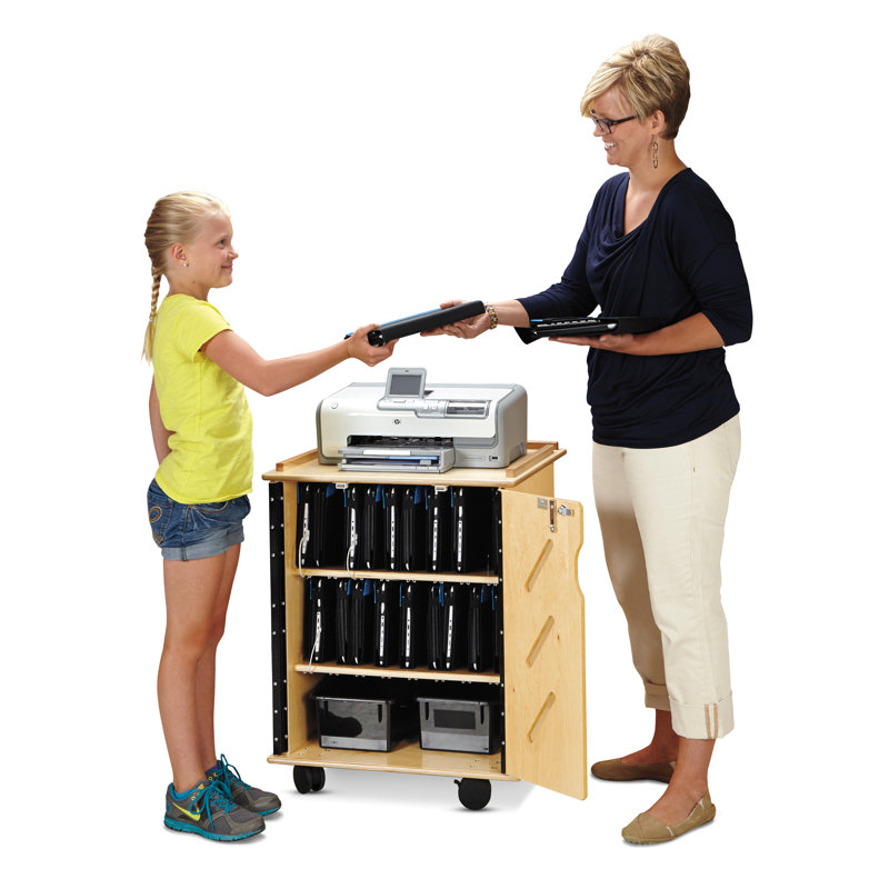 Heavy-Duty Black and Natural Wood Laptop Storage Cart