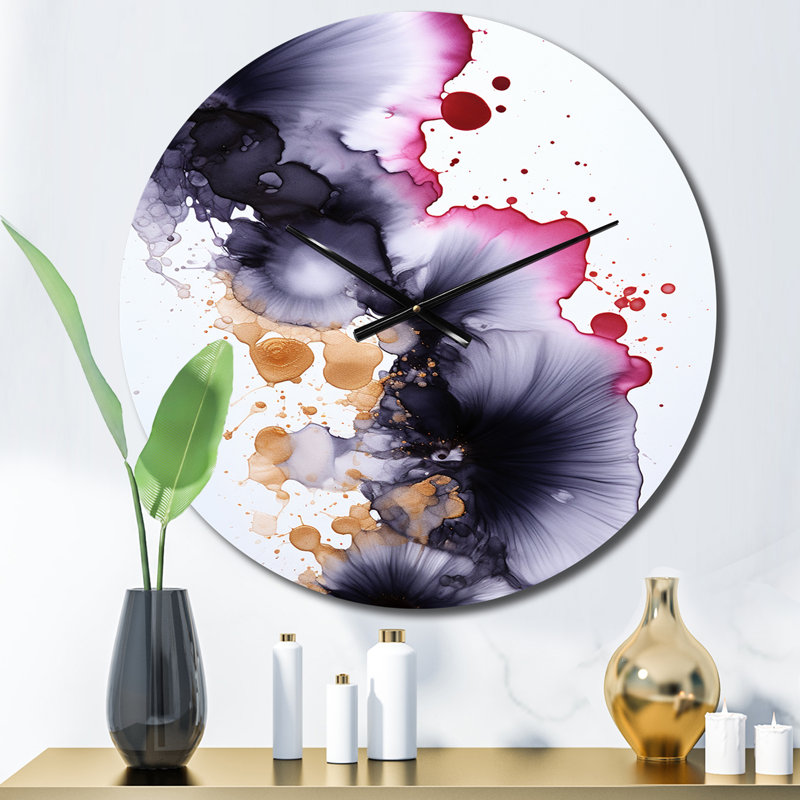 Horloge murale délicate fluidité magenta et or encre V - Peinture abstraite, Petit