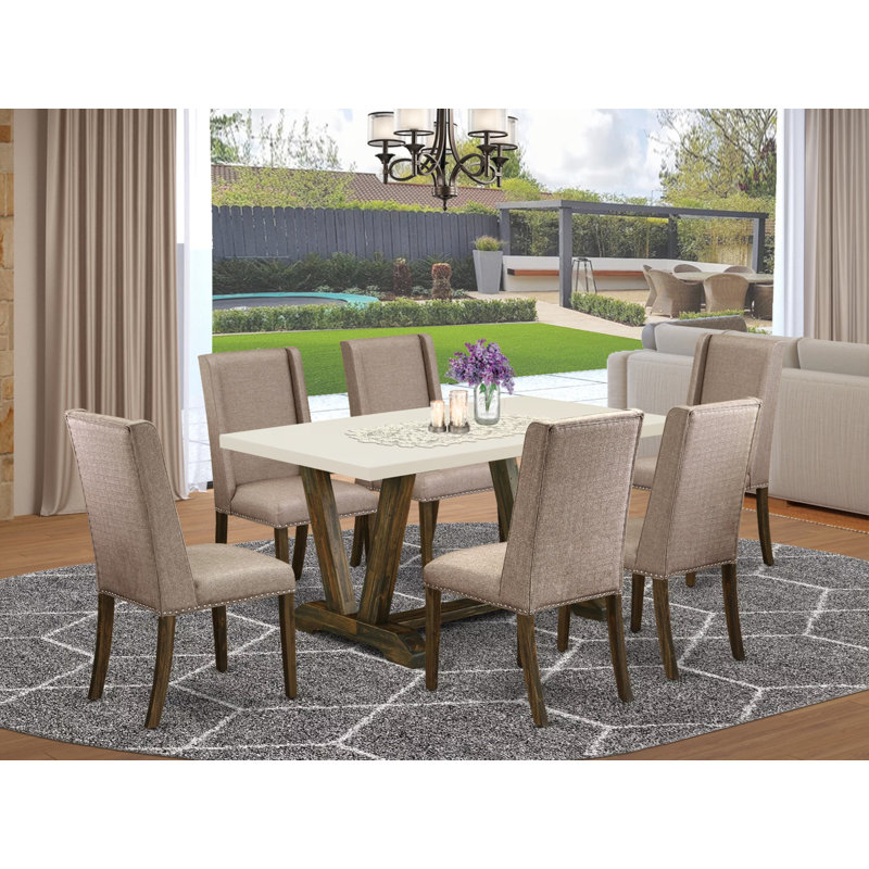 Ensemble de table de cuisine 7 pièces avec un superbe plateau de table en lin blanc cassé (blanc cassé) et 6 chaises de salle à manger rembourrées kaki foncé avec têtes de clous et dossier haut de style, finition jacobine patinée