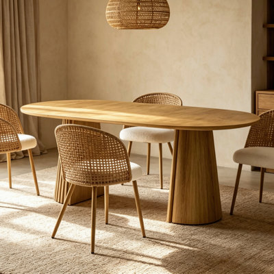 Ensemble de salle à manger bohémien de style Mid-Century, table extensible en bois massif avec 2 chaises en osier brun et coussins en éponge douce blanche pour la salle à manger intérieure