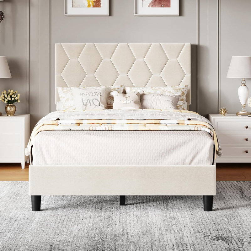Base de lit plateforme robuste avec tête de lit en tissu réglable en hauteur, Beige, Lit simple