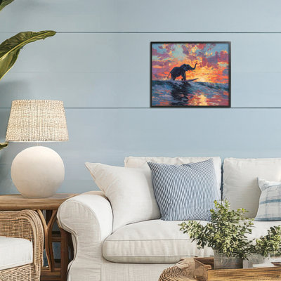 Sunset Surf Elephant Framed Giclee, design by Ziwei Li