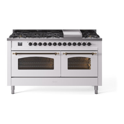 Cuisinière à double combustible de 60 po avec 9 brûleurs scellés et plaque chauffante (porte vitrée) ILVE Nostalgie II Series