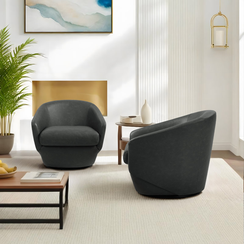 Aunna 76.2Cm Wide Swivel Barrel Chair, Black Faux Leather