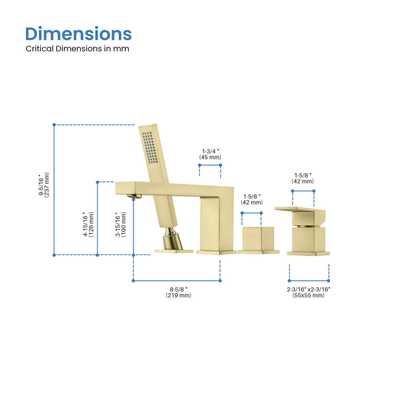 Cube Deck-Mounted Tub Filler with Diverter, Brushed Gold