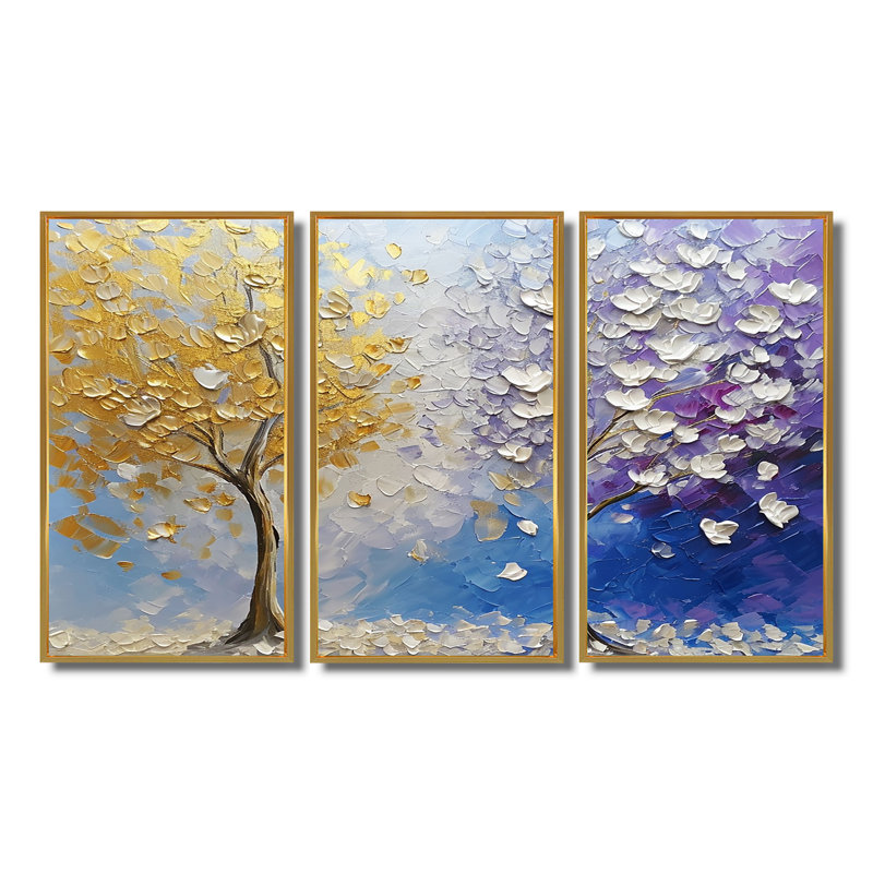 Ensemble de salon art mural arbre jaune et mauve, Cadre flottant doré, H 40 po x l 60 po x P 1 po