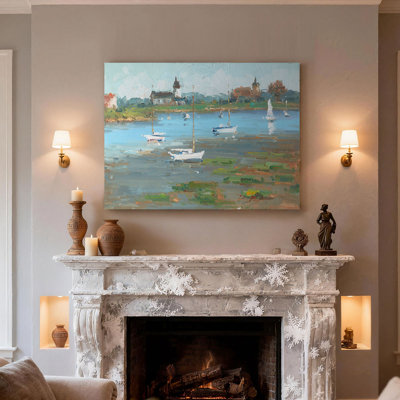Sunny Coastal Town Harbour Sailboats Impasto Oil Painting Print Canvas Wall Art, Lakeside Town Seaside Landscape Canvas Decor with Pine Inner Frame for Living Room