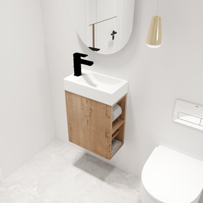 Ensemble de meuble-lavabo simple 16 po Caide, meuble-lavabo mural avec plateau en résine blanche, meuble-lavabo flottant avec porte et tablette à fermeture douce, meuble-lavabo simple avec plateau