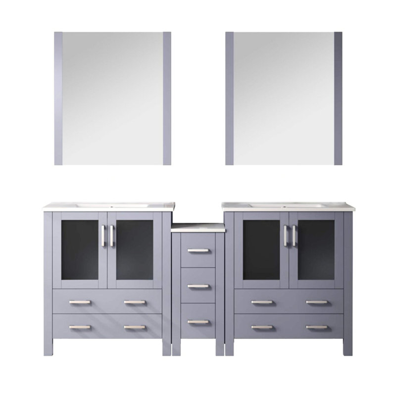Meuble-lavabo double 72 po Large abat-jour gris foncé, plateau en céramique blanche, 28 miroirs, tiroirs à fermeture en douceur, rangement spacieux des armoires grises, système, grand et tiroirs