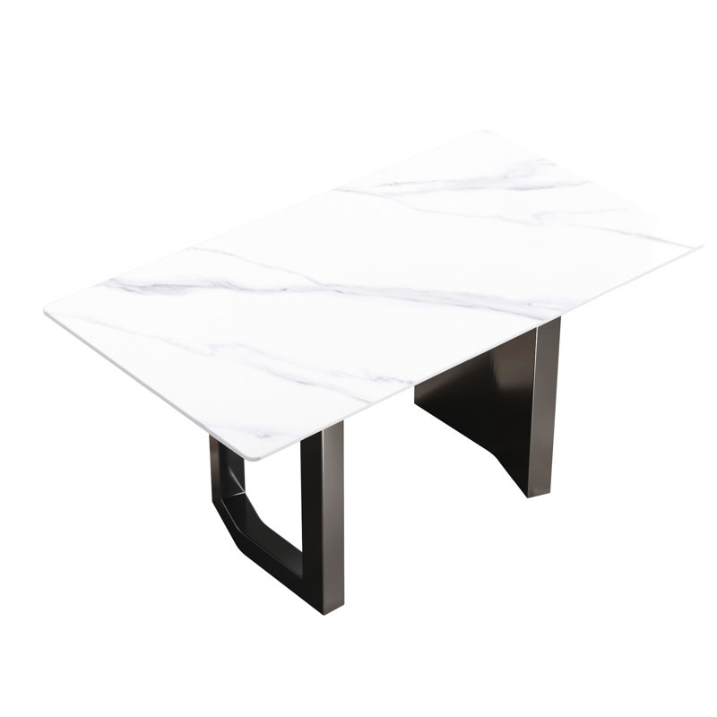 Table en pierre frittée blanche de 63 po avec surface facile d'entretien pour 6 personnes, Argent argent