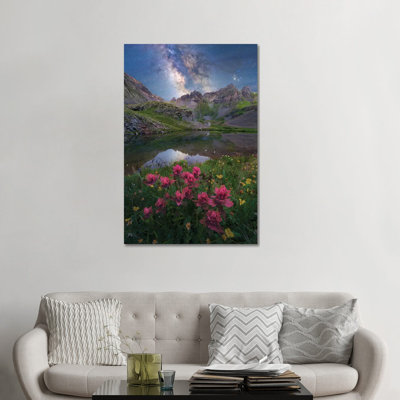 «San San Mountains Indian Paintbrush Wildflower Milky Way Nightscape», reproduction d'art sur toile tendue