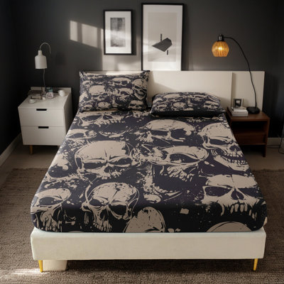 Ensemble de drap-housse en microfibre à motif damassé de crânes gothiques avec 2 taies d'oreiller standard, Queen, poches de 35,5 cm
