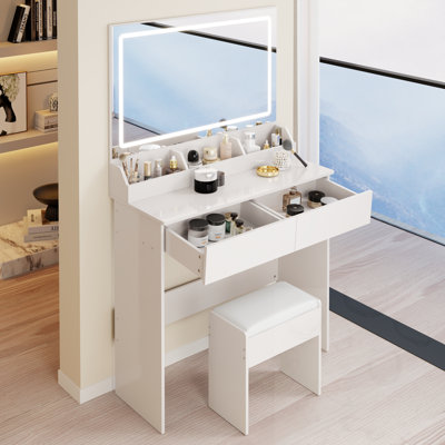 LED Mirror Makeup Vanity Table With Cushion Stool