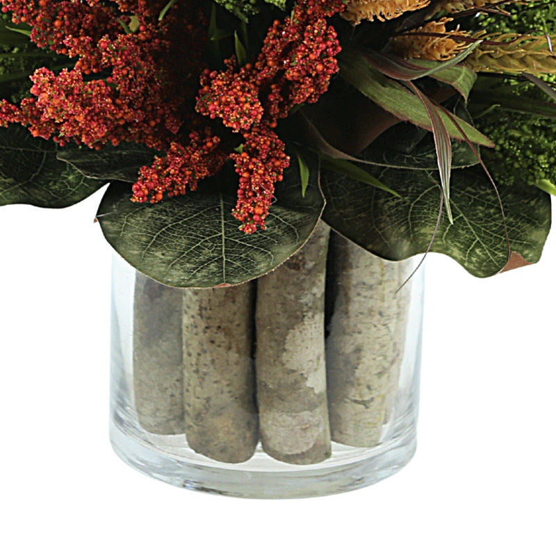 Heather and Wheat Fall Arrangement in Glass Vase with Birch
