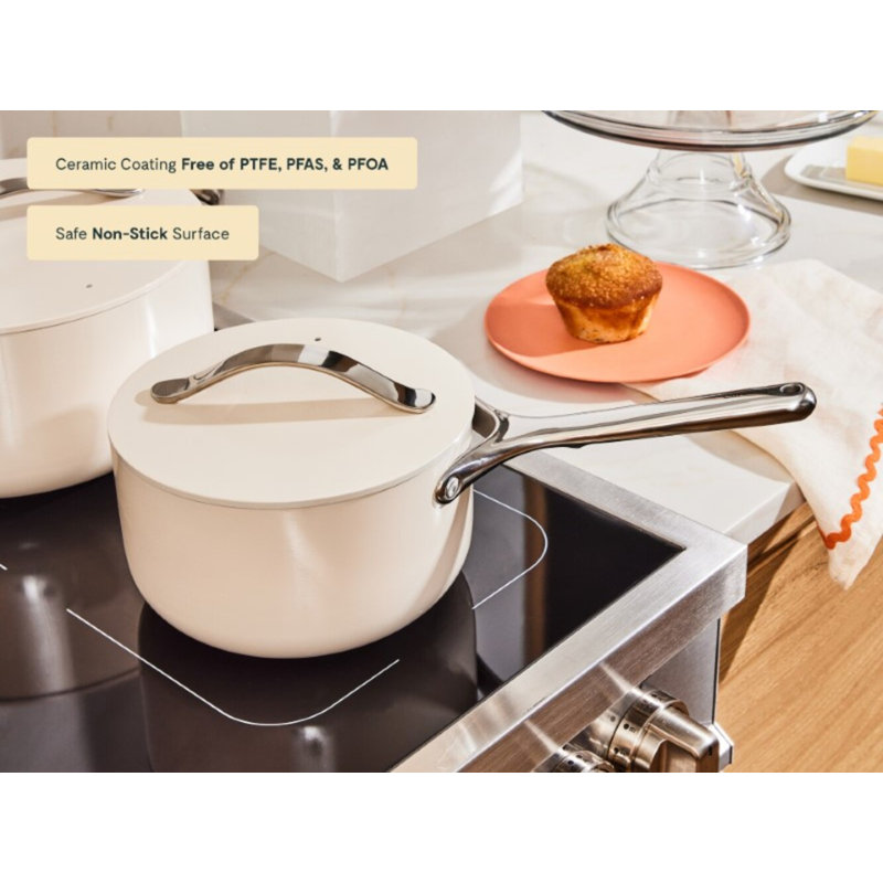 Caraway Nonstick Ceramic Saucepan, Cream, 3 quarts