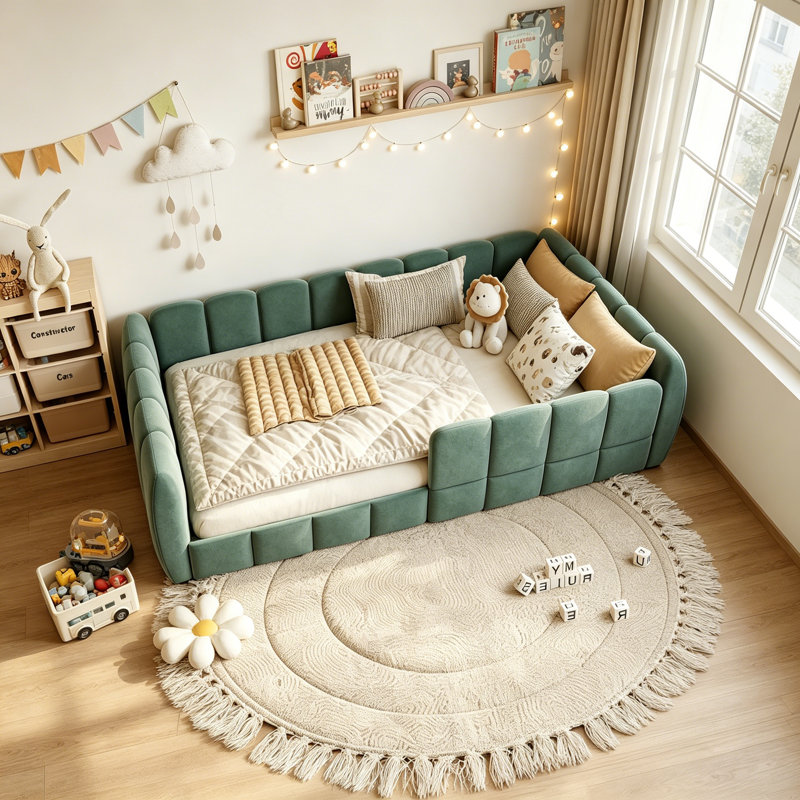 Lit double tapissier en velours vert citrouille, Green
