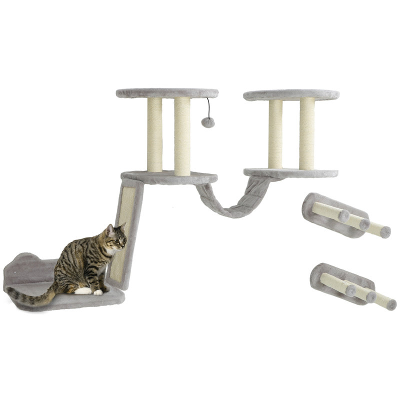 3 tablettes murales pour chat avec poteau à griffer 3 pièces, perchoirs, marches, gris clair