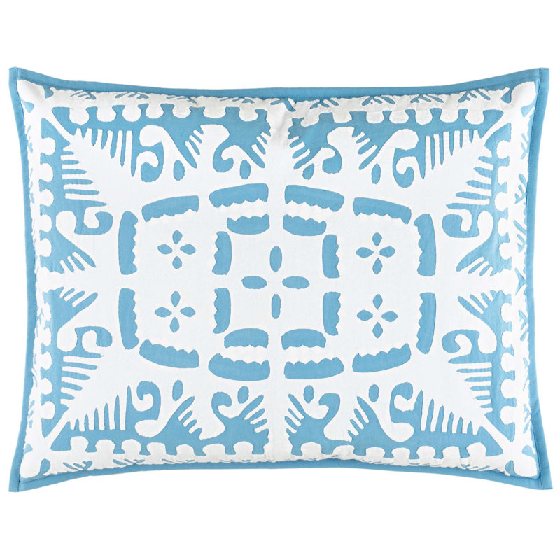 Lapis Blue and White Cotton Standard Sham with Cutwork Design