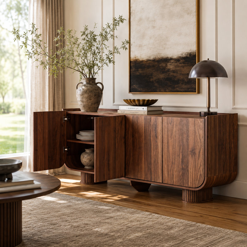 Buffet de 160 cm avec rangement, forme en U, noyer