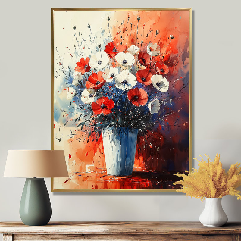 Pennington Bouquet In Motion in Red and Blue Abstract - coquelicots, art mural, H 44 po x l 34 po, Doré