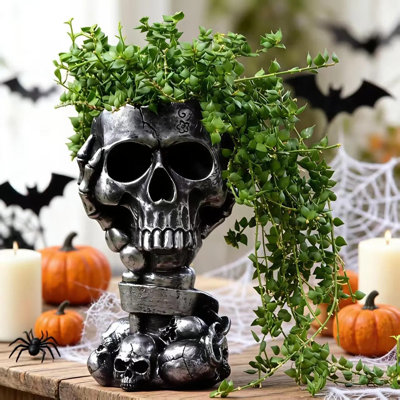 Pot à fleurs Skull, pot à fleurs gothique pour la décoration d'Halloween - design Steam Punk avec engrenages, petit pot de fleur en résine avec drainage, vase unique pour plantes d'intérieur / extérieur