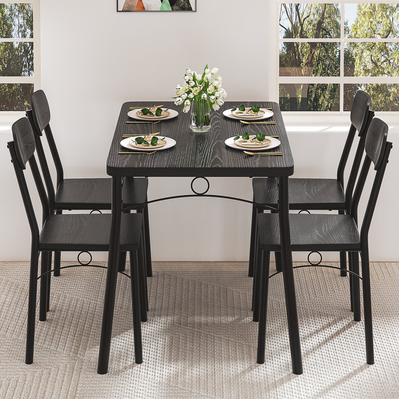 Ensemble de salle à manger 4 personnes Whipton, ensemble de table de salle à manger rustique 5 pièces pour 4 personnes, ensemble de table et chaises de cuisine industrielle avec structure en métal, mobilier de salle à manger peu encombrant (ensemble de 5)