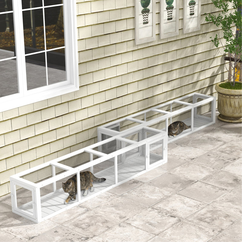 Tunnel d'extérieur en bois pour chat extensible, L 79 po, clôture pour chat résistante aux intempéries pour terrasses, patios et balcons, blanc