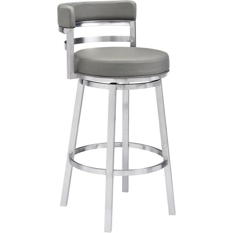 Tabouret de bar pivotant moderne avec siège en similicuir gris et base en acier inoxydable brossé