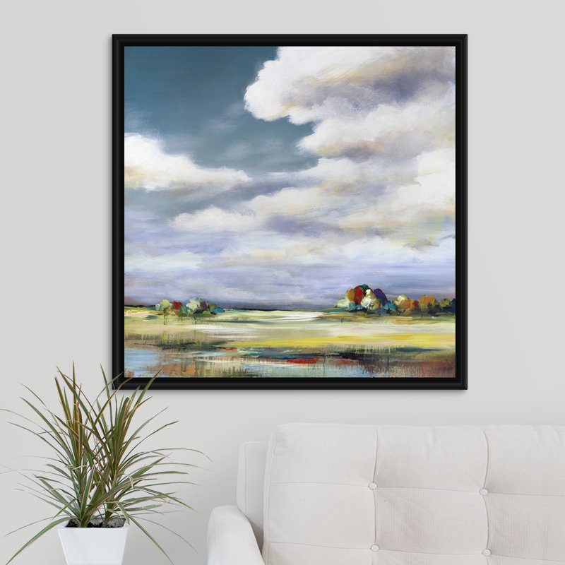 « paysages view ii », peinture sur toile, H 21,7 po x l 21,7 po x P 1,75 po, Cadre flottant noir