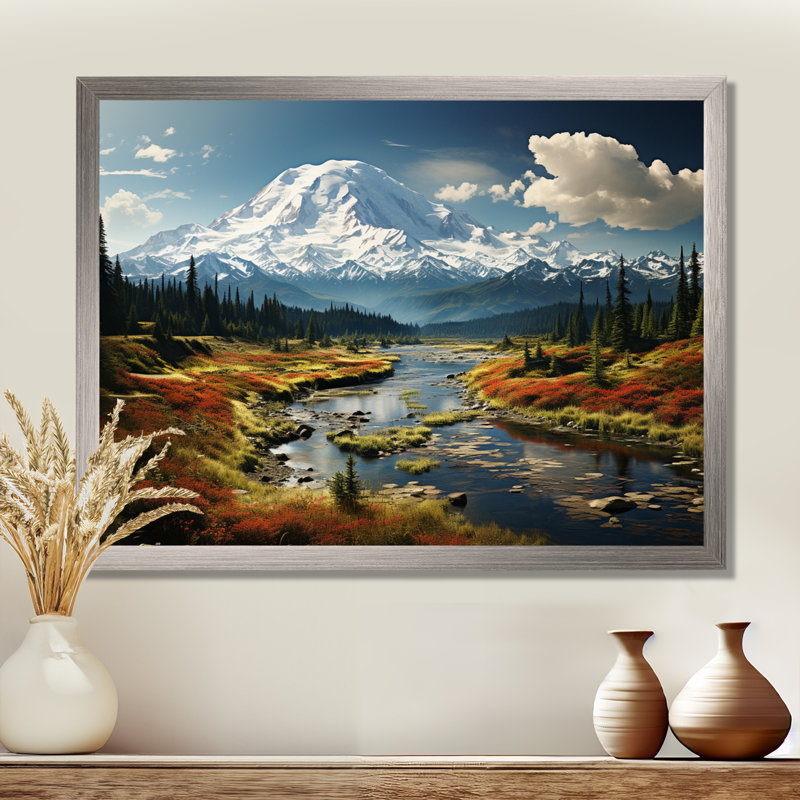 Art mural américain «Mount Rainier» - États-Unis, H 24 po x l 32 po x P 1 po, Encadrement argenté