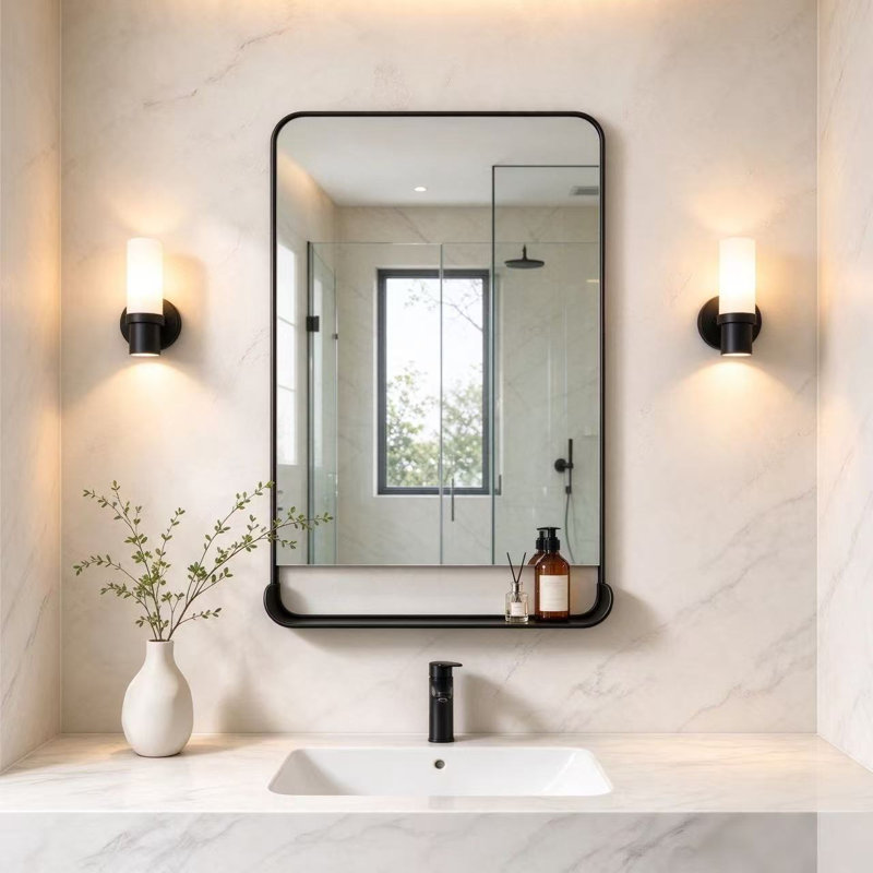 Miroir mural minimaliste moderne en métal noir avec tablette intégrée, 44 po x 27 po, Noir