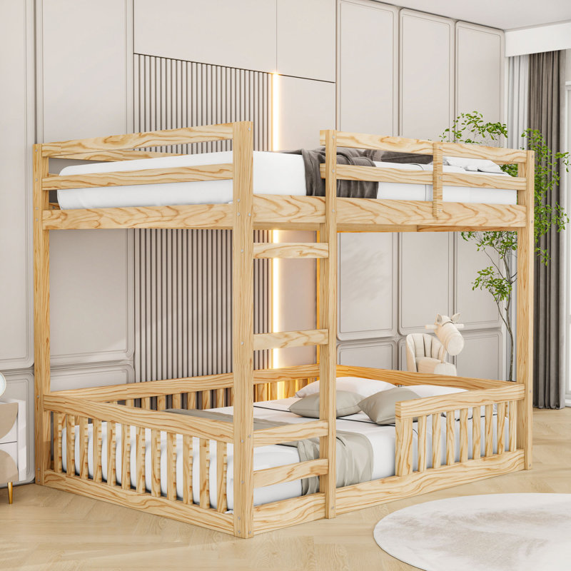 Lit superposé double en bois avec garde-corps, Naturel