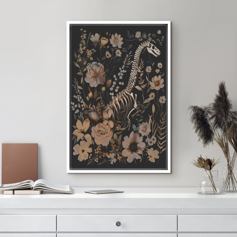 Tête de dinosaure, fleurs sauvages, animaux gothiques maussades, œuvres d'art botaniques florales foncées, Blanc