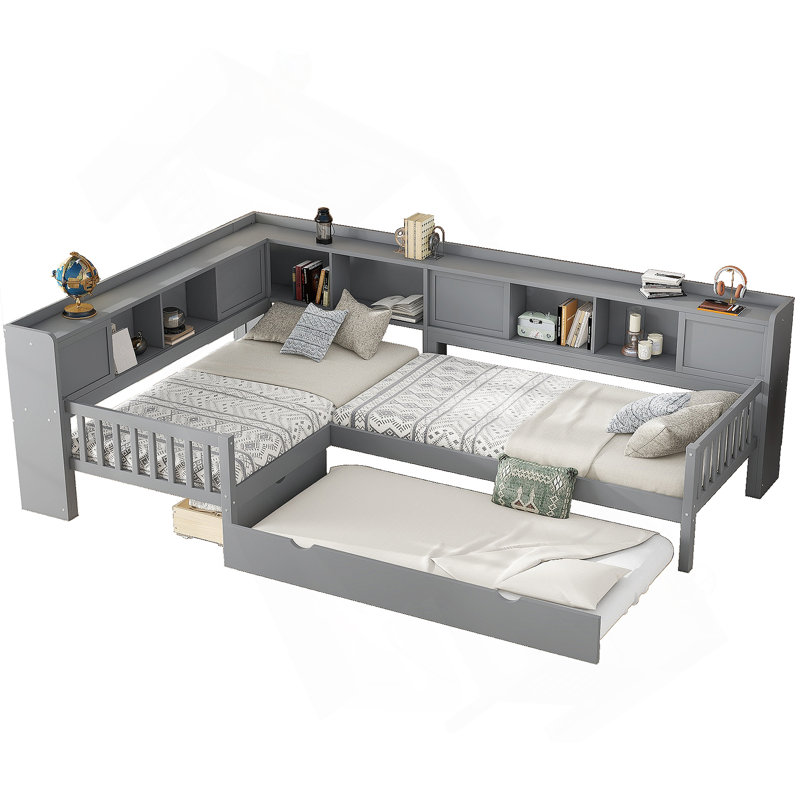 Lit plateforme en L simple avec lit gigogne, lit plateforme en bois massif avec tiroirs et tablettes de rangement, sans sommier, gris