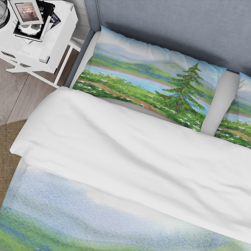 Paysage épinette près du sentier sur une colline - ensemble de housse de couette traditionnel - microfibre de polyester