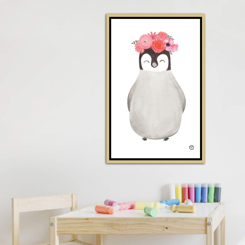 Art pingouin, H 26 po x l 18 po x P 1,5 po, Toile encadrée d'or