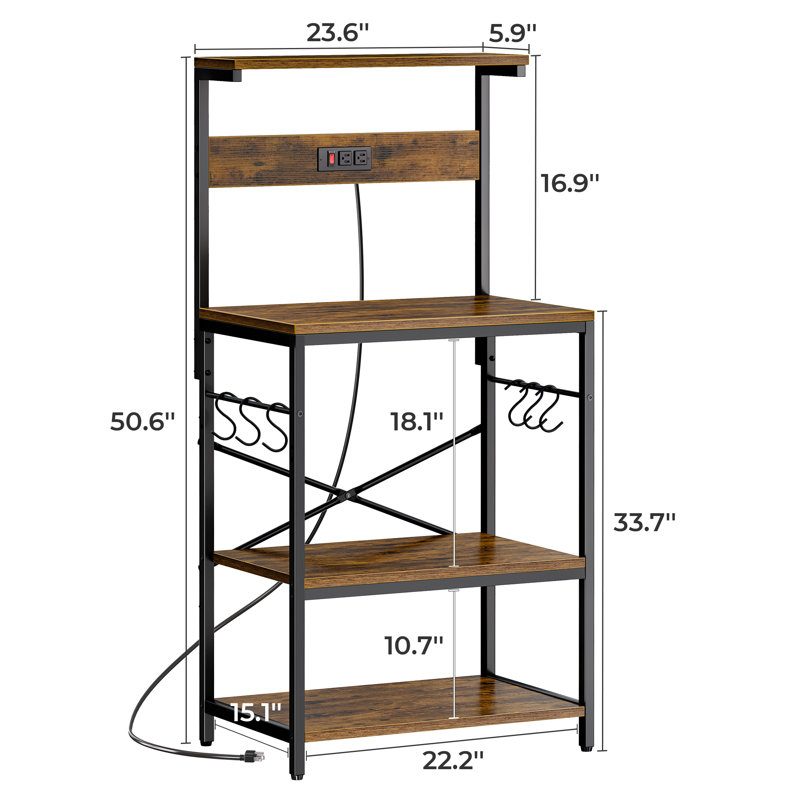 Kickemuit 23.5" Kitchen Bakers Rack, Baker Rack with Power Outlet, Bakery Rack with Microwave Stand Storage Shelf, Coffee Bar Table with 6 S-shaped Hooks