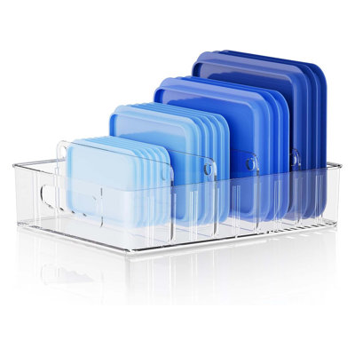 Inside Cabinet Clear Plastic Lid Organizer with 4 Adjustable Dividers Food Container Lid Storage for Kitchen Pantry