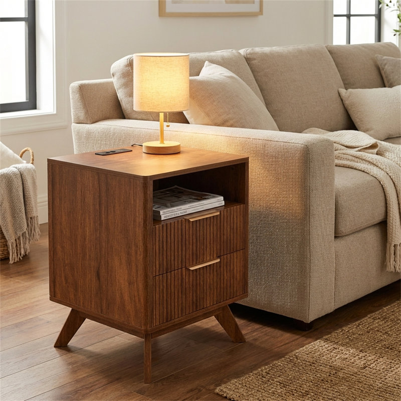 Modern Fluted Nightstand with Charging Station, Walnut